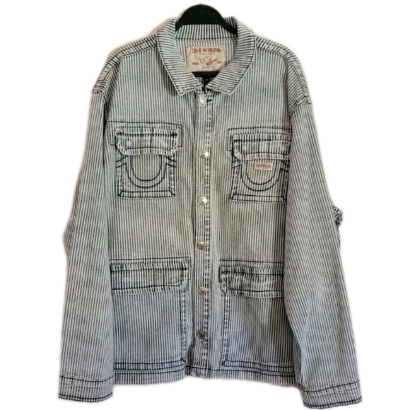 True Religion Hickory Big T Military Shacket Jacket Denim Railroad Stripe NWT - Picture 1 of 13
